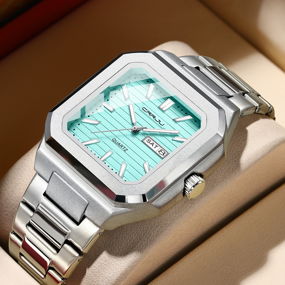 Smartwatch Square Watches For Men - CRRJU メンズカジュアルステンレススチール腕時計、曜日と日付表示付きアナログクォーツ時計、男性用クラシック防水ドレスウォッチ