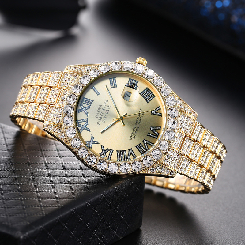 Watches Not Smartwatch - メンズクォーツ腕時計、高級スチールバンド、フルダイヤモンド、星空デザイン、男性用ビジネス腕時計、ハイエンドローマ数字カレンダー腕時計