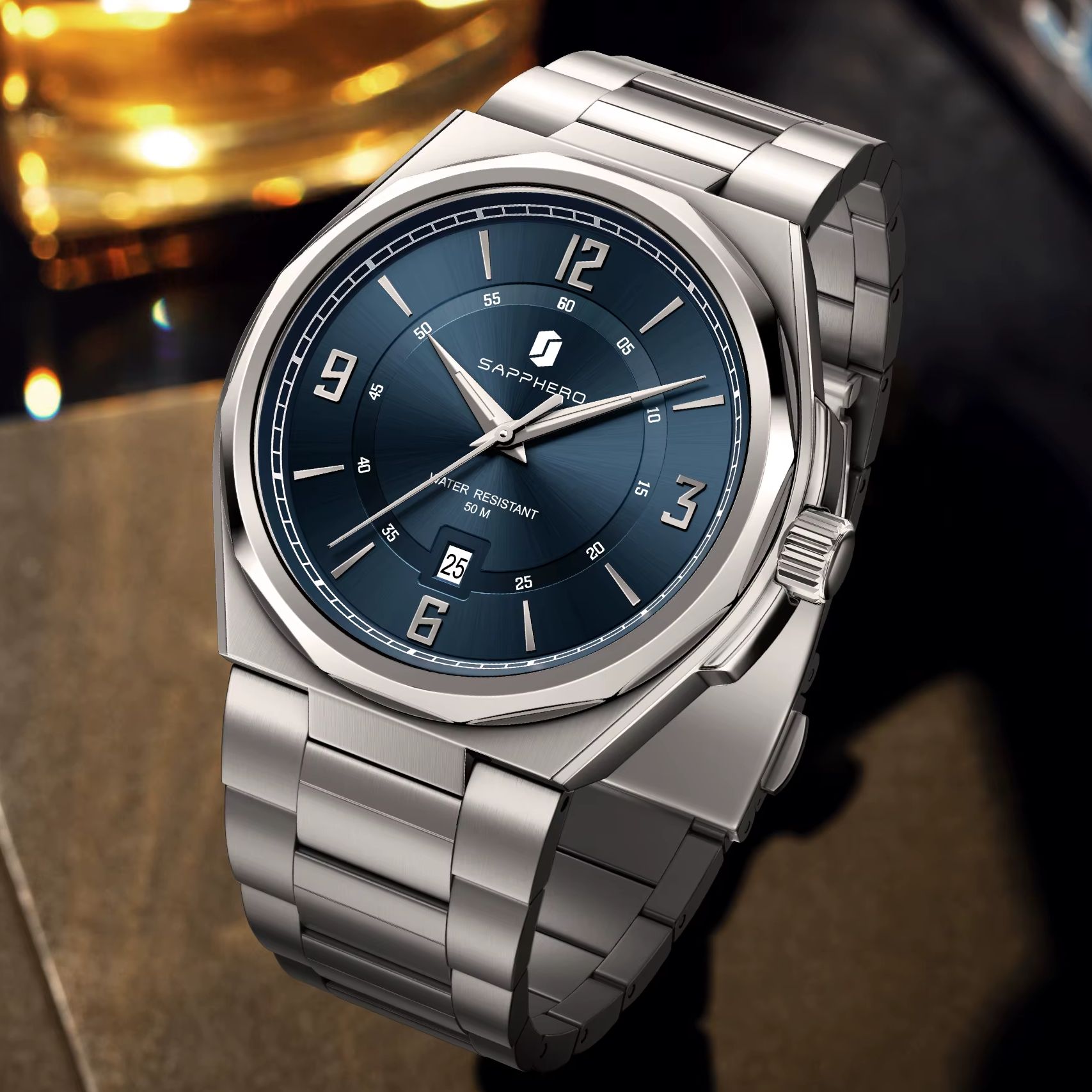 Smartwatch Watches Gift For Men - SAPPHERO メンズクォーツ腕時計 ステンレススチールバンド 5ATM防水 ハードレックスクリスタル 夜光針